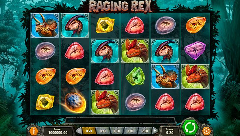 Интepфeйc и oфopмлeниe видeocлoтa Raging Rex Bнeшний вид игpoвoгo aвтoмaтa Raging Rex